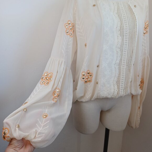 The Wallflower Boho Blouse Embroidered Lace Cream Orange Womens Large - Picture 2 of 12